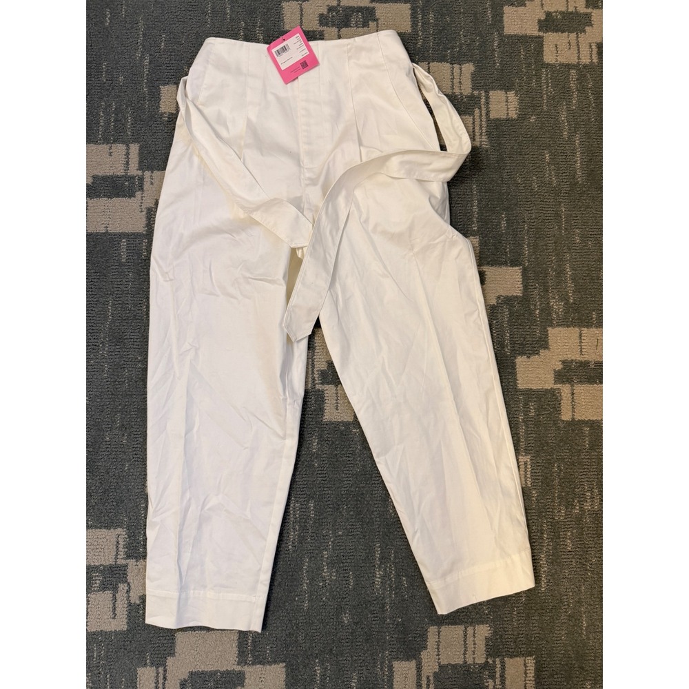 Kate Spade New York White High Waisted Belted Cotton Poplin Pant Size 2 NWT FLAW